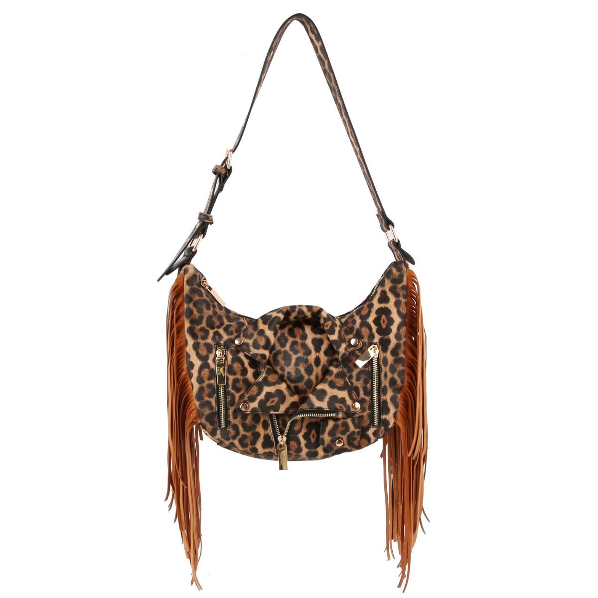 Leopard Moto Fringe Shoulder Bag|11.4 x 11.8 x 3.5 inches - Premium Wholesale Fashion Accessories from Pinktown - Just $64! Shop now at chiquestyles