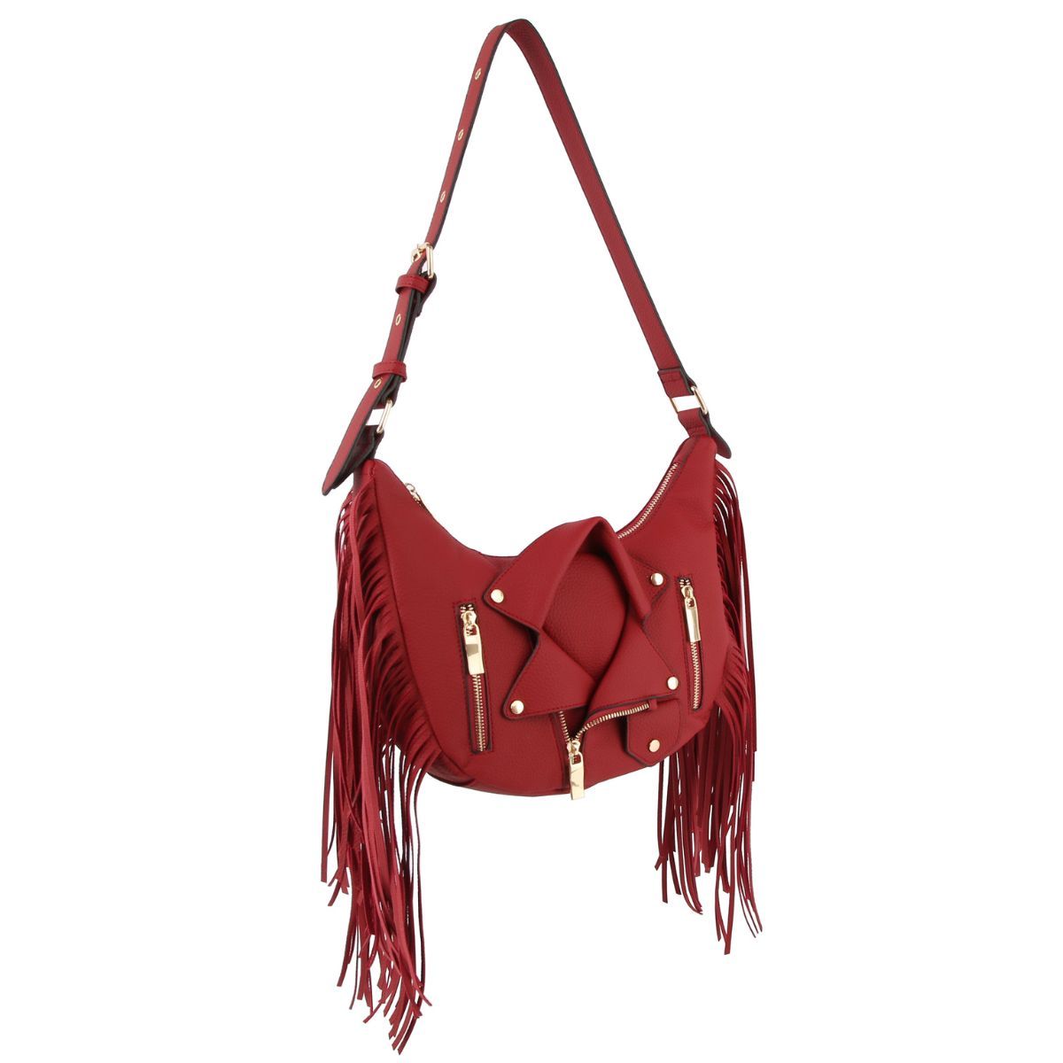 Wine Moto Fringe Shoulder Bag|11.4 x 11.8 x 3.5 inches - Premium Wholesale Fashion Accessories from Pinktown - Just $64! Shop now at chiquestyles