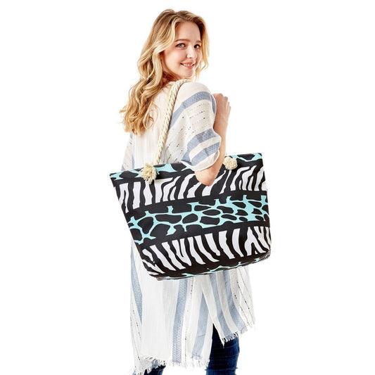 White and Aqua Animal Print Beach Tote|21.6 x 13.7 x 6 inches - Premium Wholesale Fashion Accessories from Pinktown - Just $26! Shop now at chiquestyles