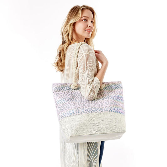 Iridescent White Leopard Print Beach Tote|18.8 x 15 x 5 inches - Premium Wholesale Fashion Accessories from Pinktown - Just $26! Shop now at chiquestyles