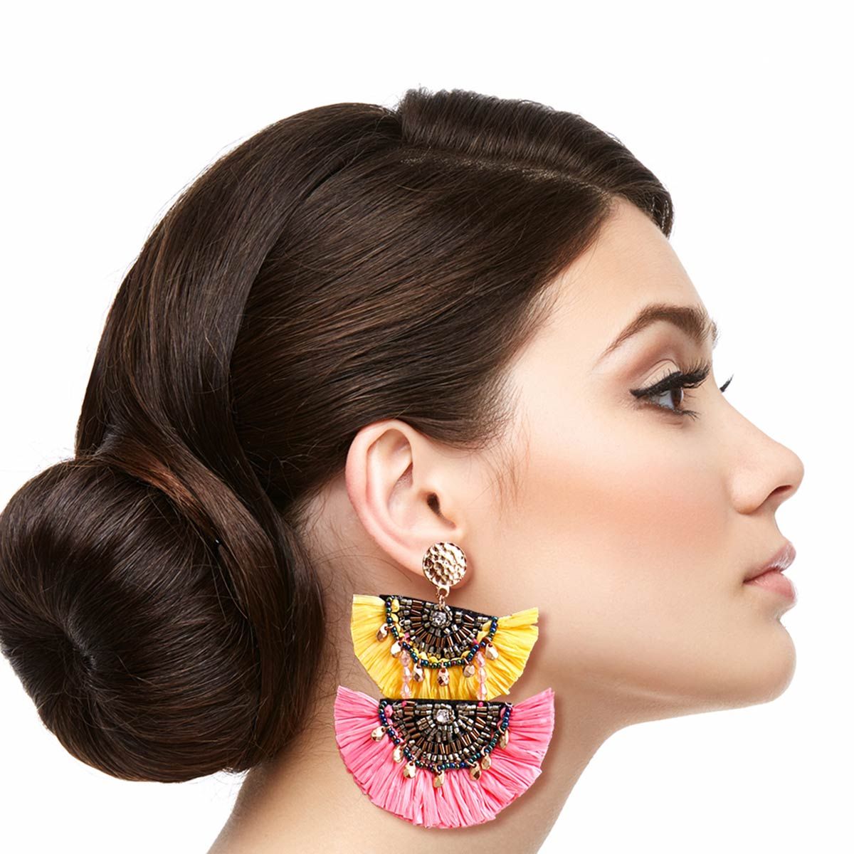 Yellow and Pink Raffia Tassel Earrings|3.25 inches - Premium Wholesale Jewelry from Pinktown - Just $15! Shop now at chiquestyles