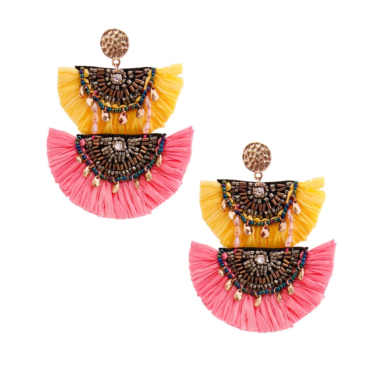 Yellow and Pink Raffia Tassel Earrings|3.25 inches - Premium Wholesale Jewelry from Pinktown - Just $15! Shop now at chiquestyles