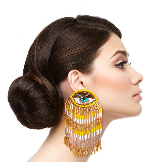 Yellow and Gold Bead Eye Fringe Earrings|4 inches - Premium Wholesale Jewelry from Pinktown - Just $19! Shop now at chiquestyles