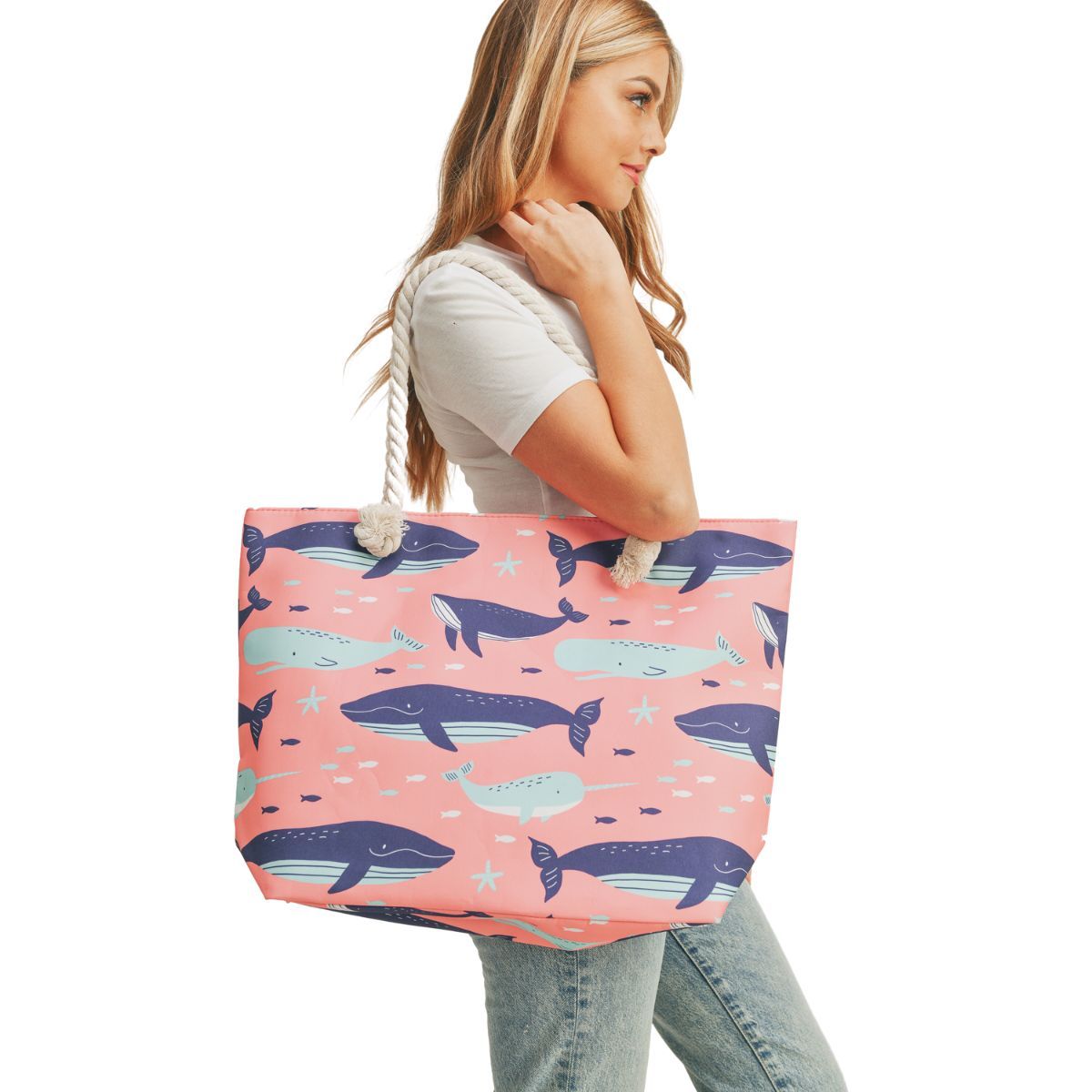 Pink Whale Beach Tote|20 x 14.5 x 5 - Premium Wholesale Fashion Accessories from Pinktown - Just $17! Shop now at chiquestyles