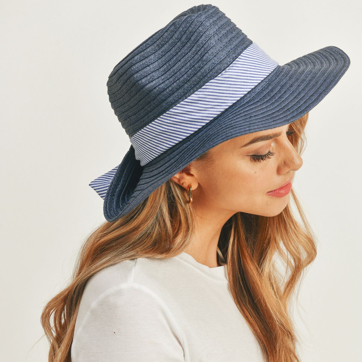 Navy Striped Bow Fedora Hat|One Size - Premium Wholesale Fashion Accessories from Pinktown - Just $17! Shop now at chiquestyles