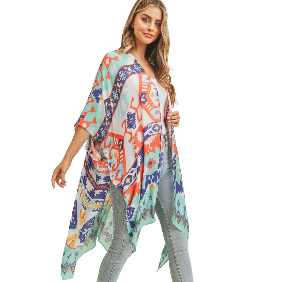 Turquoise Aztec Tribal Kimono|38 x 39 inches - Premium Wholesale Fashion Accessories from Pinktown - Just $24! Shop now at chiquestyles