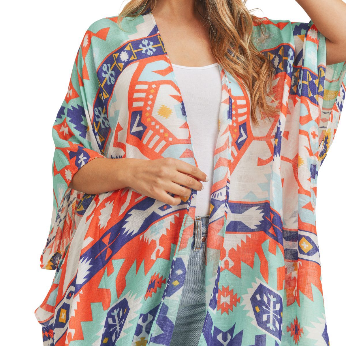 Turquoise Aztec Tribal Kimono|38 x 39 inches - Premium Wholesale Fashion Accessories from Pinktown - Just $24! Shop now at chiquestyles