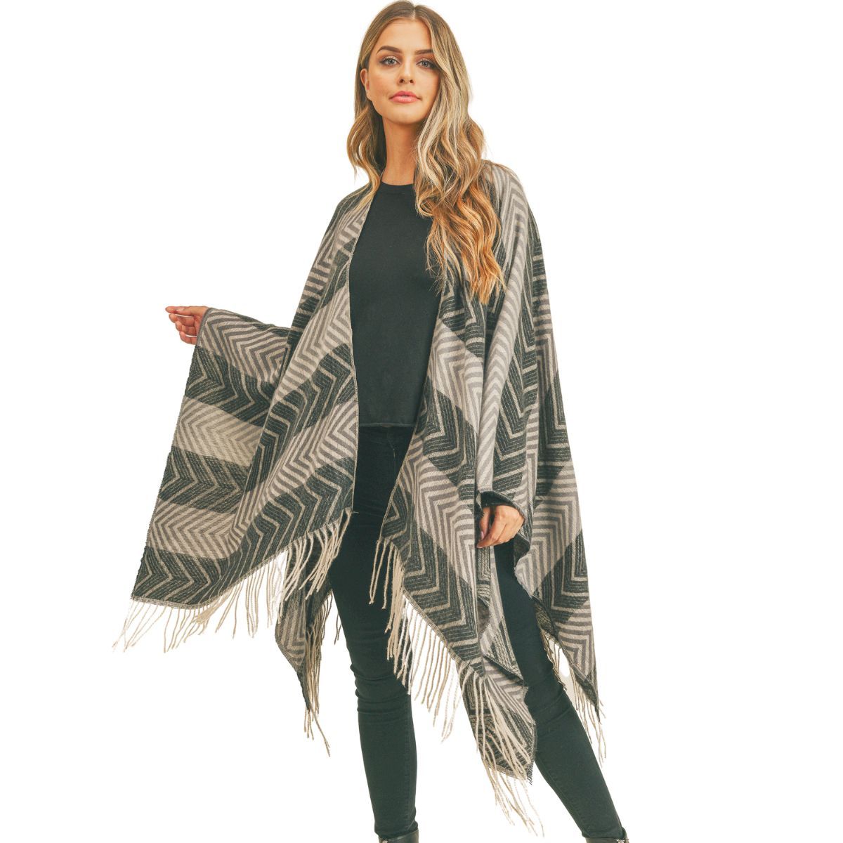 Black and Gray Chevron Stripe Ruana|59 x 53 inches - Premium Wholesale Fashion Accessories from Pinktown - Just $31! Shop now at chiquestyles