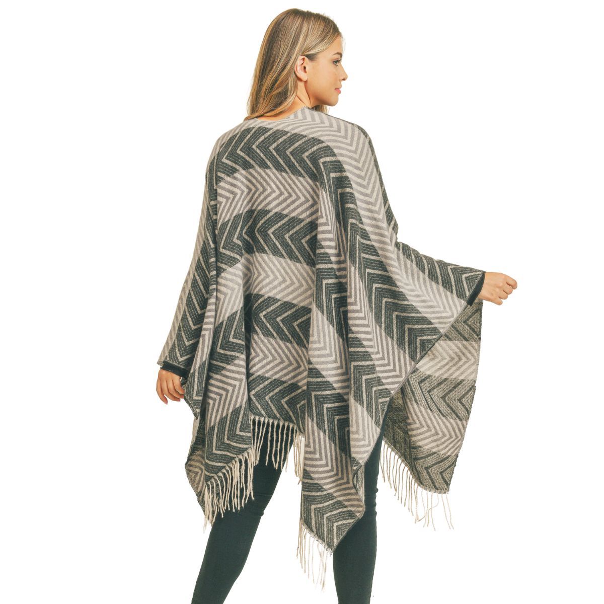 Black and Gray Chevron Stripe Ruana|59 x 53 inches - Premium Wholesale Fashion Accessories from Pinktown - Just $31! Shop now at chiquestyles
