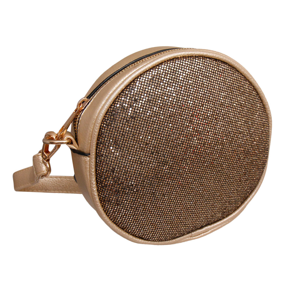 Gold Glitter Circle Crossbody Fanny|6.5 x 2 inches - Premium Wholesale Fashion Accessories from Pinktown - Just $31! Shop now at chiquestyles