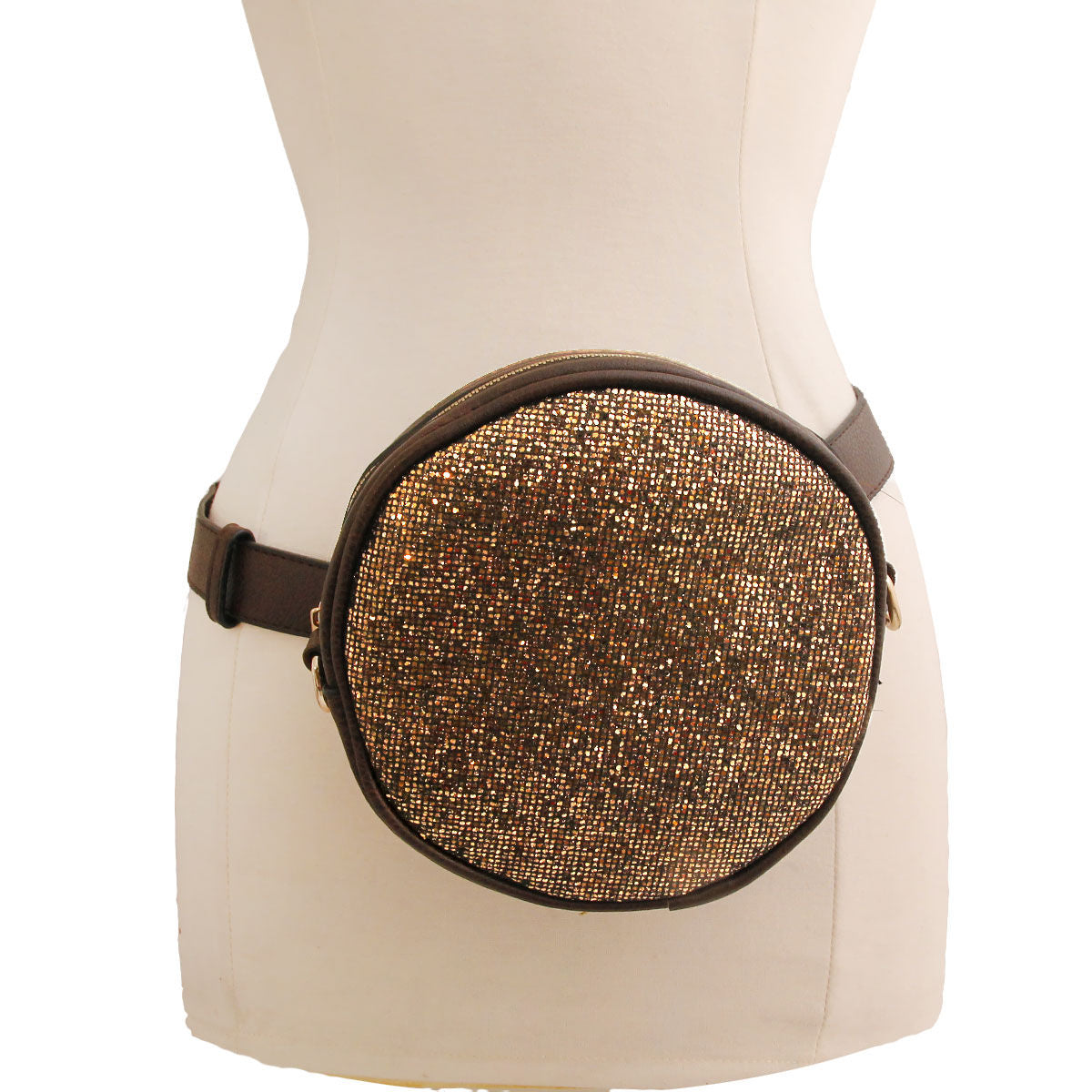 Bronze Glitter Circle Crossbody Fanny|6.5 x 2 inches - Premium Wholesale Fashion Accessories from Pinktown - Just $31! Shop now at chiquestyles