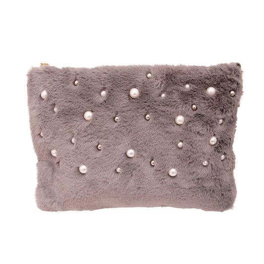 Gray Fur Pearl Stud Clutch|11.5 x 8.5 x 1 inches - Premium Wholesale Fashion Accessories from Pinktown - Just $27! Shop now at chiquestyles