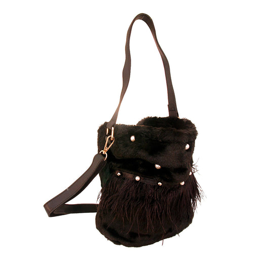 Black Fur Pearl Stud Bucket Bag|9.6 x 5.8 x 5.5 inches - Premium Wholesale Fashion Accessories from Pinktown - Just $31! Shop now at chiquestyles