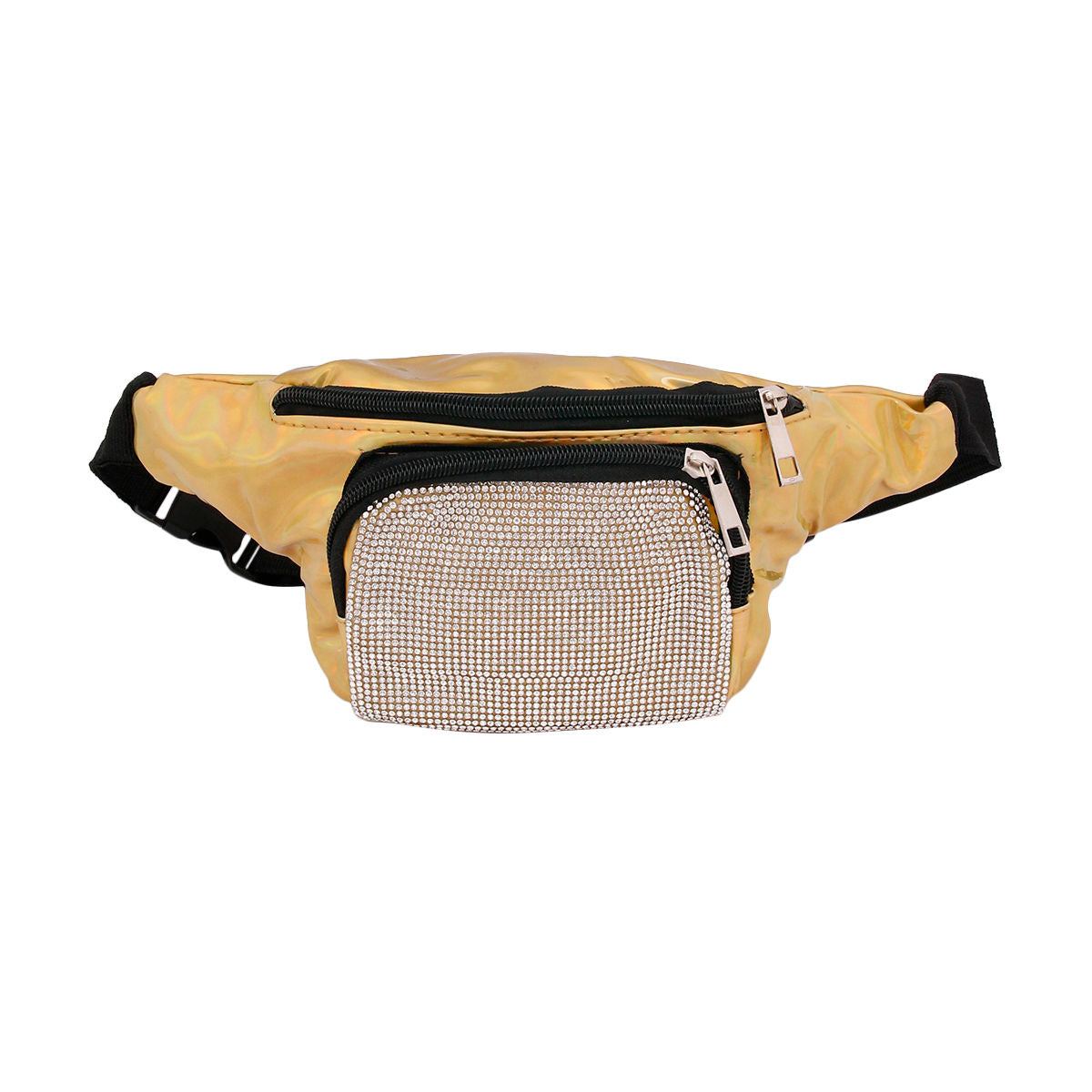 Rhinestone and Shiny Gold Patent Leather Fanny Pack|12 x 5.75 x 3 inches - Premium Wholesale Fashion Accessories from Pinktown - Just $16! Shop now at chiquestyles