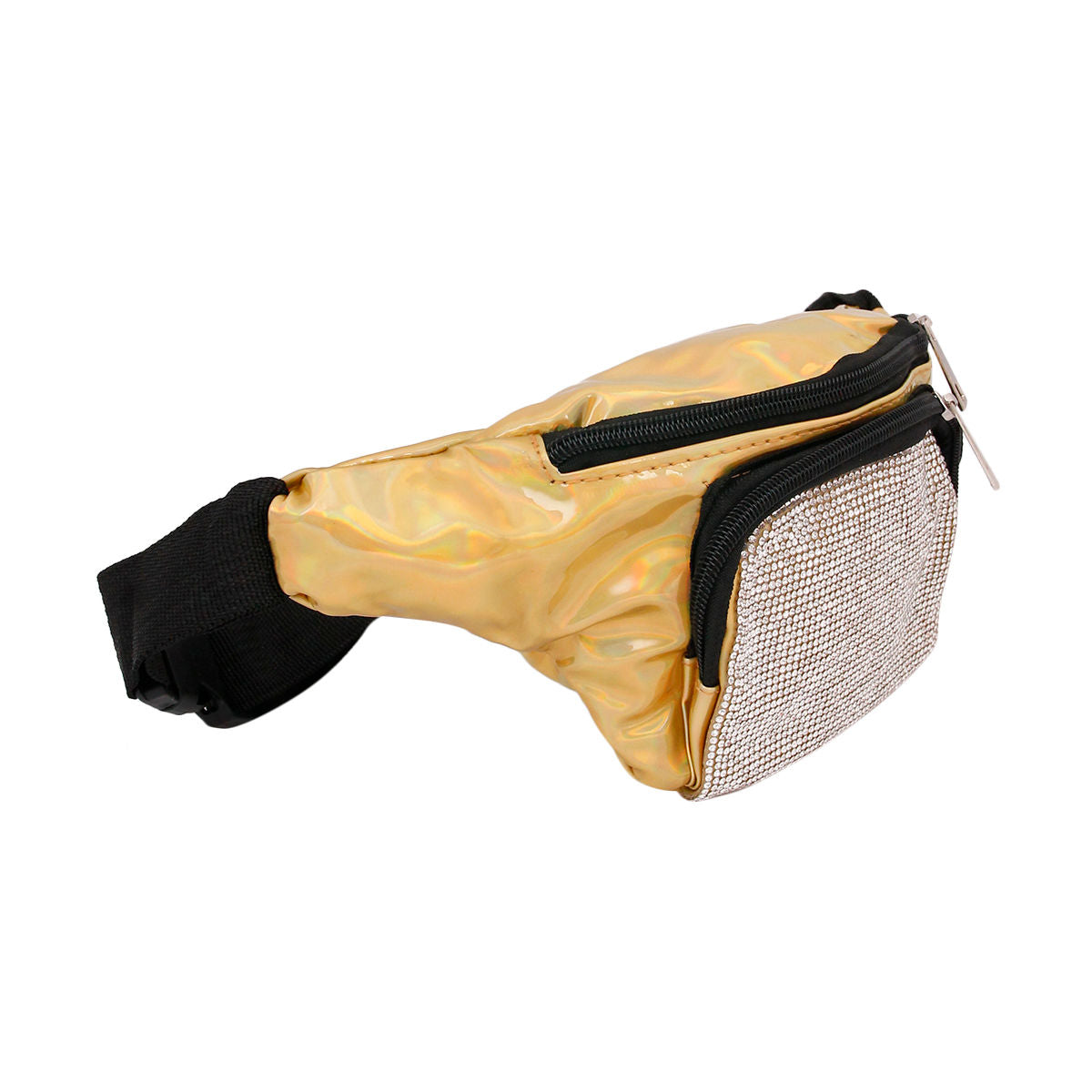 Rhinestone and Shiny Gold Patent Leather Fanny Pack|12 x 5.75 x 3 inches - Premium Wholesale Fashion Accessories from Pinktown - Just $16! Shop now at chiquestyles