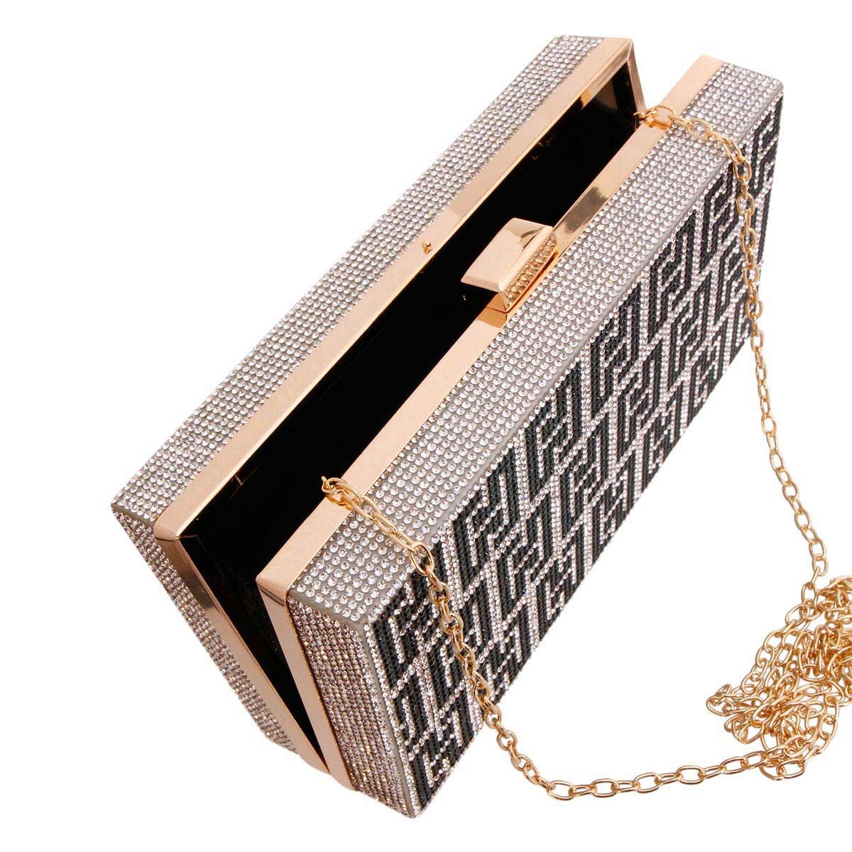 Silver and Black Greek Key Hardcase Clutch|8 x 4 x 2.2 inches - Premium Wholesale Fashion Accessories from Pinktown - Just $48! Shop now at chiquestyles