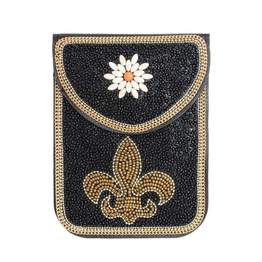 Black Fleur de Lis Beaded Phone Crossbody|7 x 5.25 x 1 inch - Premium Wholesale Fashion Accessories from Pinktown - Just $35! Shop now at chiquestyles