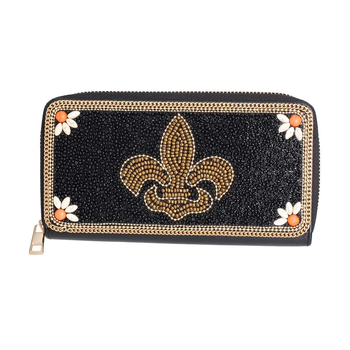 Black Fleur de Lis Beaded Wallet|7.6 x 4.2 x 1.25 inches - Premium Wholesale Fashion Accessories from Pinktown - Just $33! Shop now at chiquestyles