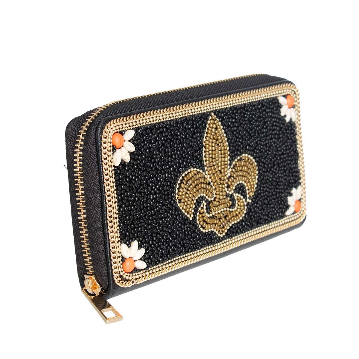 Black Fleur de Lis Beaded Wallet|7.6 x 4.2 x 1.25 inches - Premium Wholesale Fashion Accessories from Pinktown - Just $33! Shop now at chiquestyles