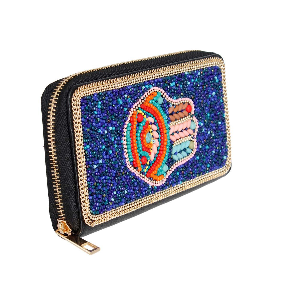 Blue Hamsa Beaded Wallet|7.6 x 4.2 x 1.25 inches - Premium Wholesale Fashion Accessories from Pinktown - Just $33! Shop now at chiquestyles