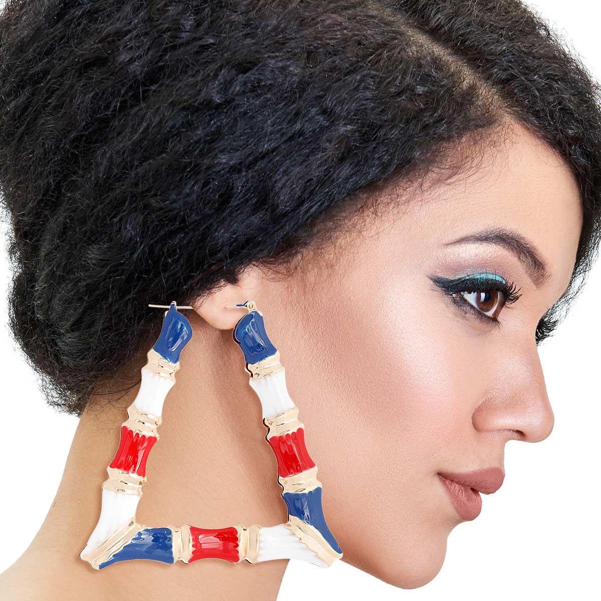 Red White Blue Trapezoid Bamboo Hoops|3.25 inches - Premium Wholesale Jewelry from Pinktown - Just $13! Shop now at chiquestyles