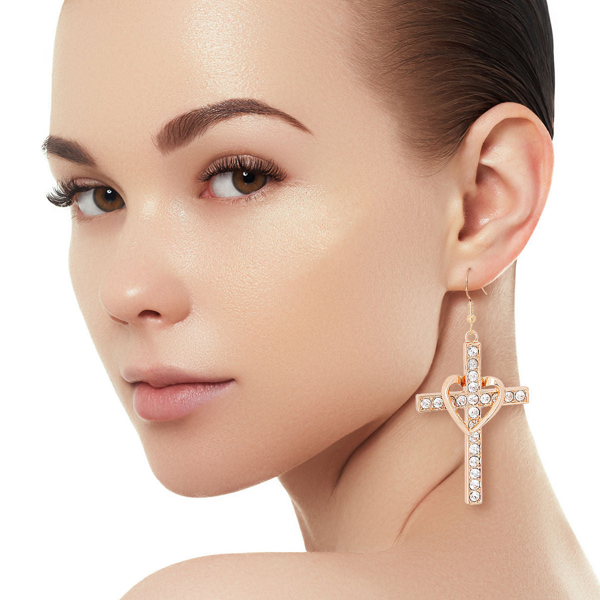 Gold Heart Cross Fish Hook Earrings|2 inches - Premium Wholesale Jewelry from Pinktown - Just $11! Shop now at chiquestyles