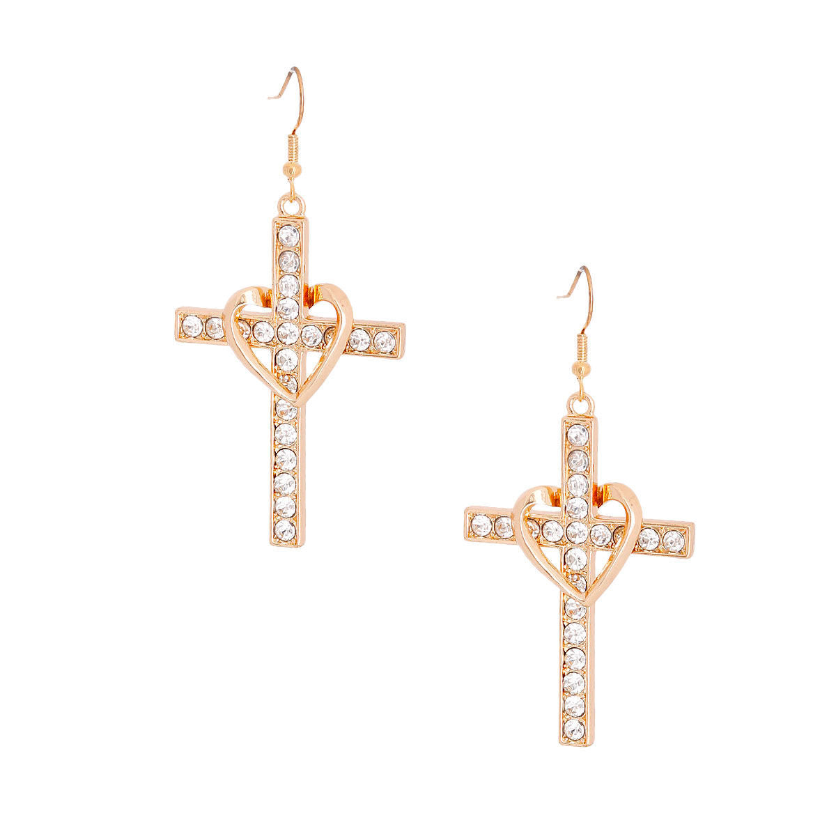 Gold Heart Cross Fish Hook Earrings|2 inches - Premium Wholesale Jewelry from Pinktown - Just $11! Shop now at chiquestyles