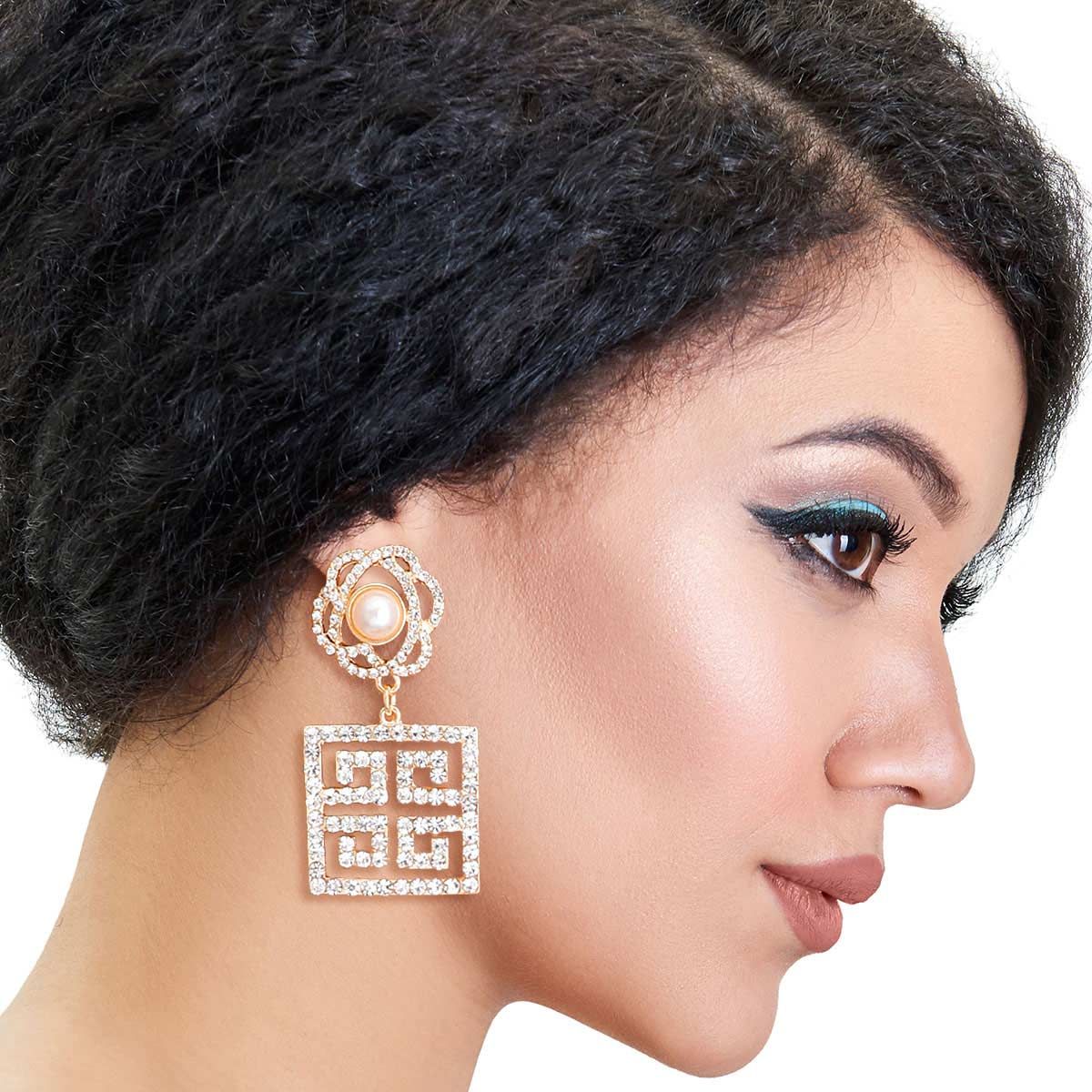 Gold Flower Square Greek Key Earrings|2.25 inches - Premium Wholesale Jewelry from Pinktown - Just $16! Shop now at chiquestyles