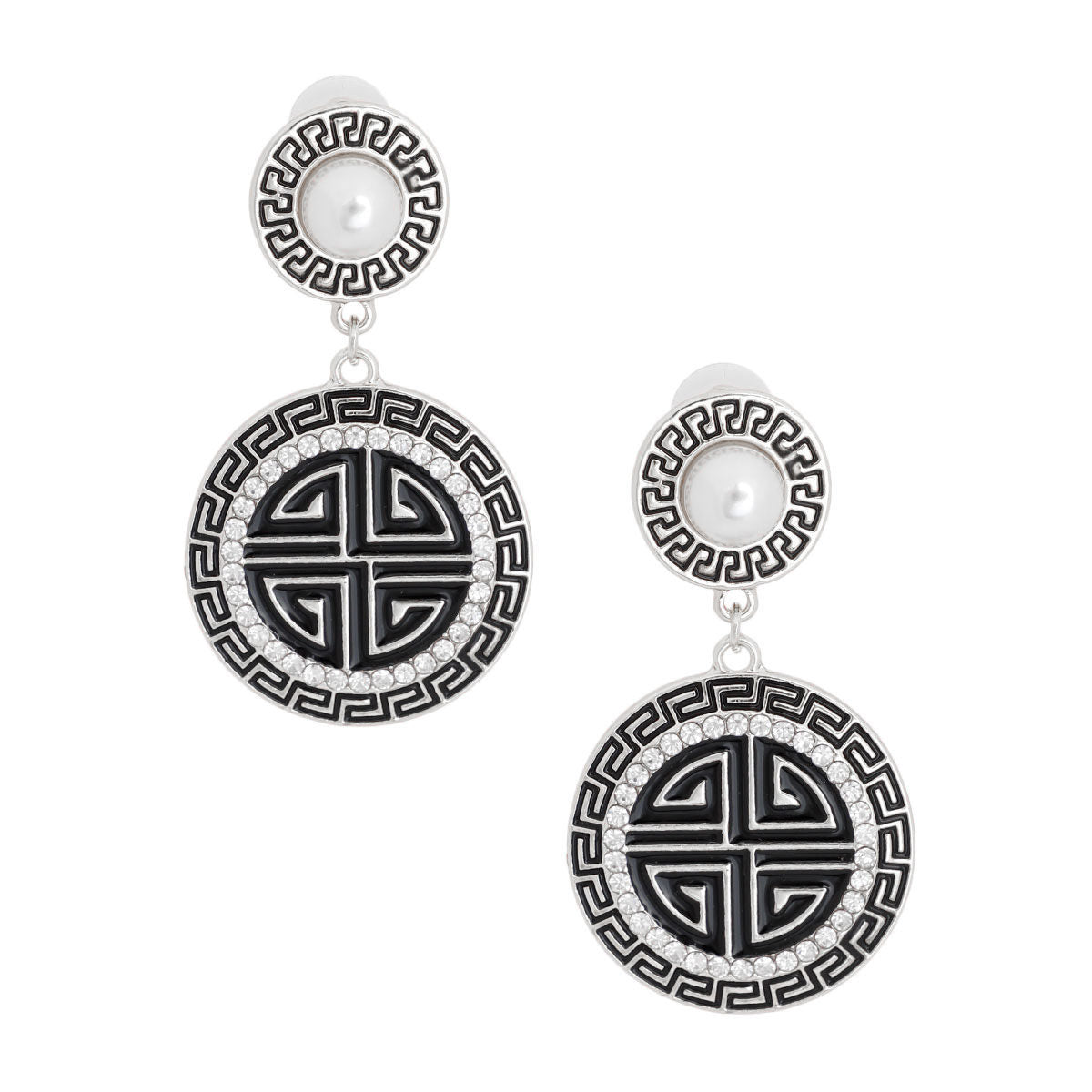 Silver Black Round Greek Key Charm Earrings|2.5 inches - Premium Wholesale Jewelry from Pinktown - Just $16! Shop now at chiquestyles