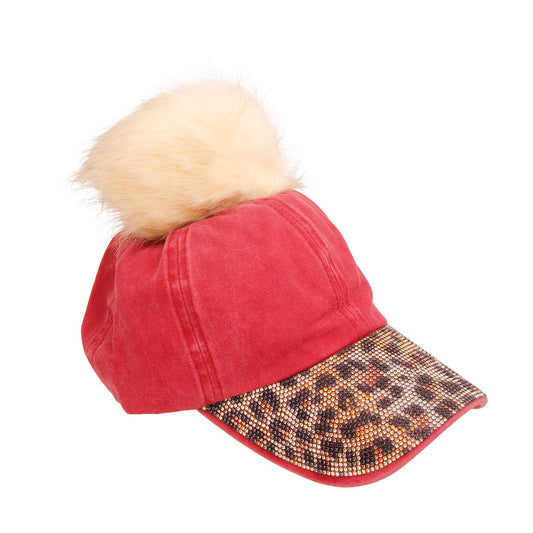 Burgundy Leopard Rhinestone Pom Cap|Adjustable - Premium Wholesale Fashion Accessories from Pinktown - Just $13! Shop now at chiquestyles