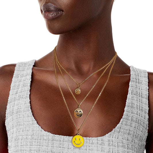 Gold 3 Layer Yellow Smiley Face Necklace|16 inches - Premium Wholesale Jewelry from Pinktown - Just $11! Shop now at chiquestyles