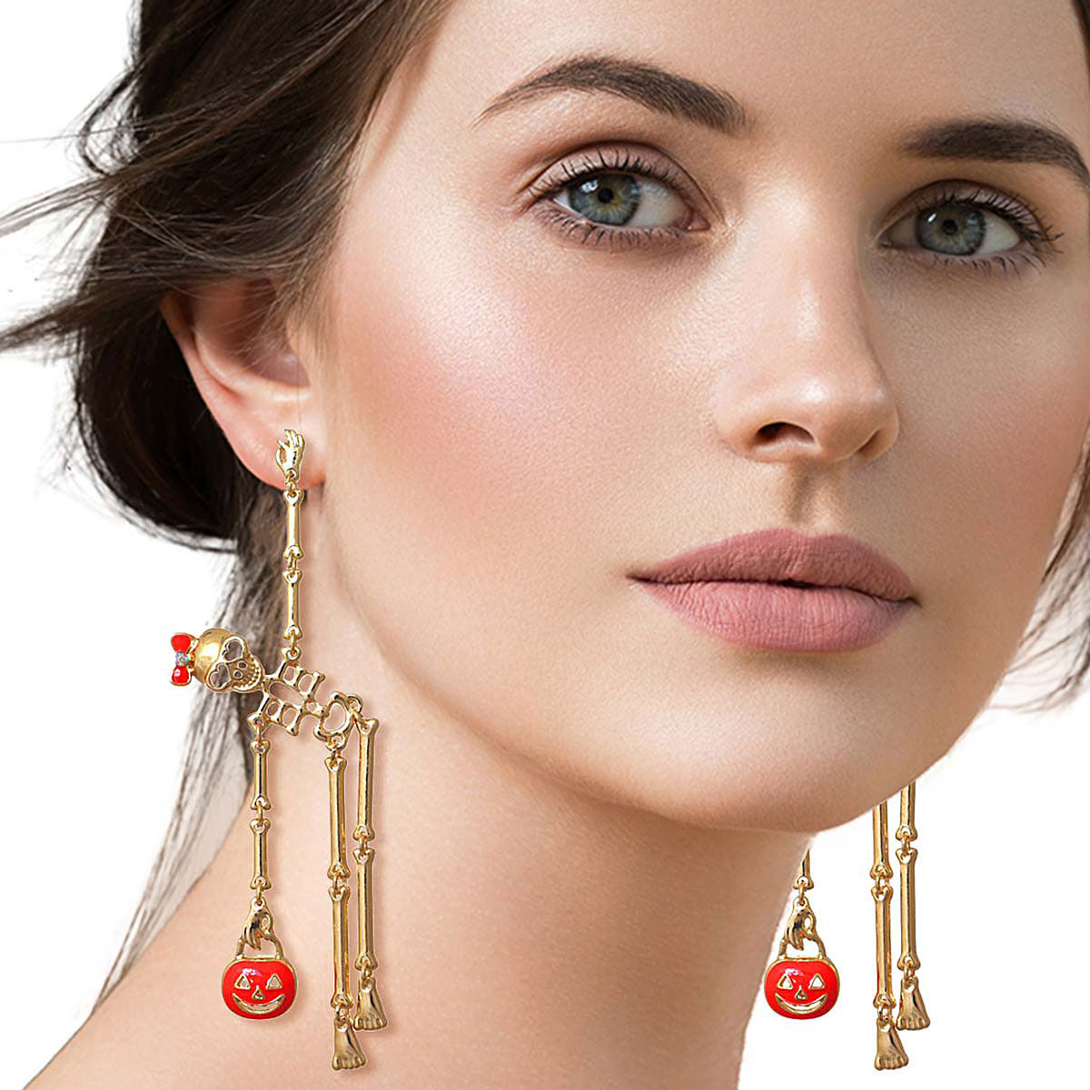 Gold Spooky Skeleton Dangle Earrings|3.5 inches - Premium Wholesale Jewelry from Pinktown - Just $10! Shop now at chiquestyles