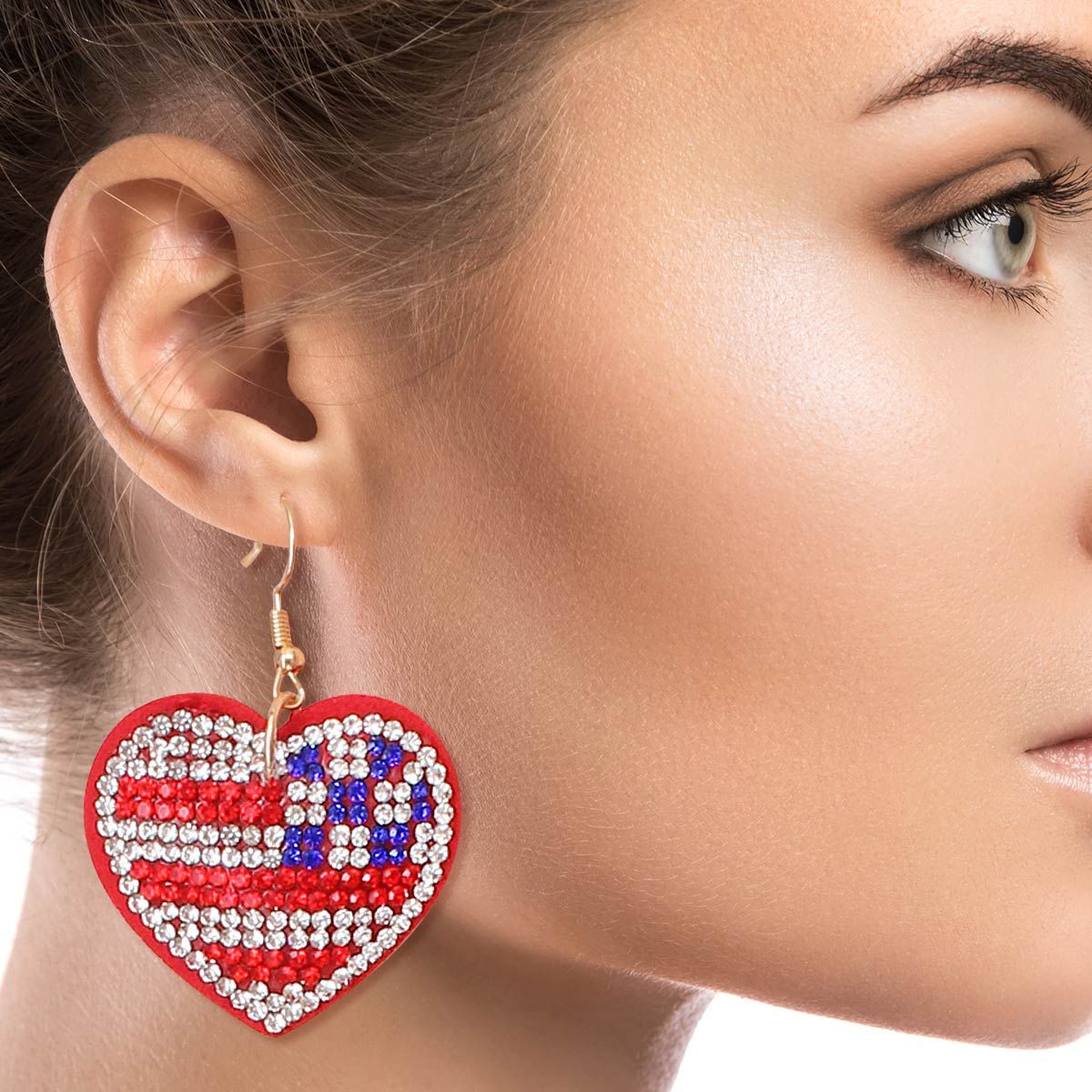 American Flag Rhinestone Heart Earrings|2 inches - Premium Wholesale Jewelry from Pinktown - Just $8! Shop now at chiquestyles