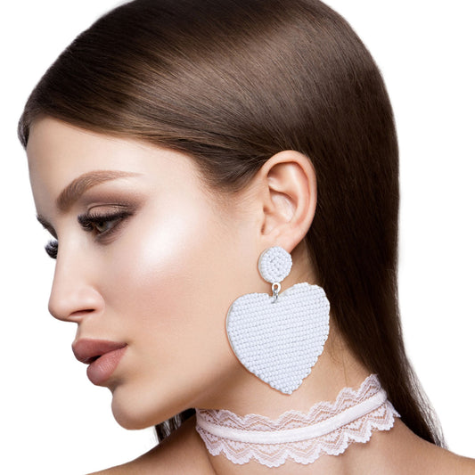 White Sead Bead Heart Earrings|2.5 inches - Premium Wholesale Jewelry from Pinktown - Just $11! Shop now at chiquestyles