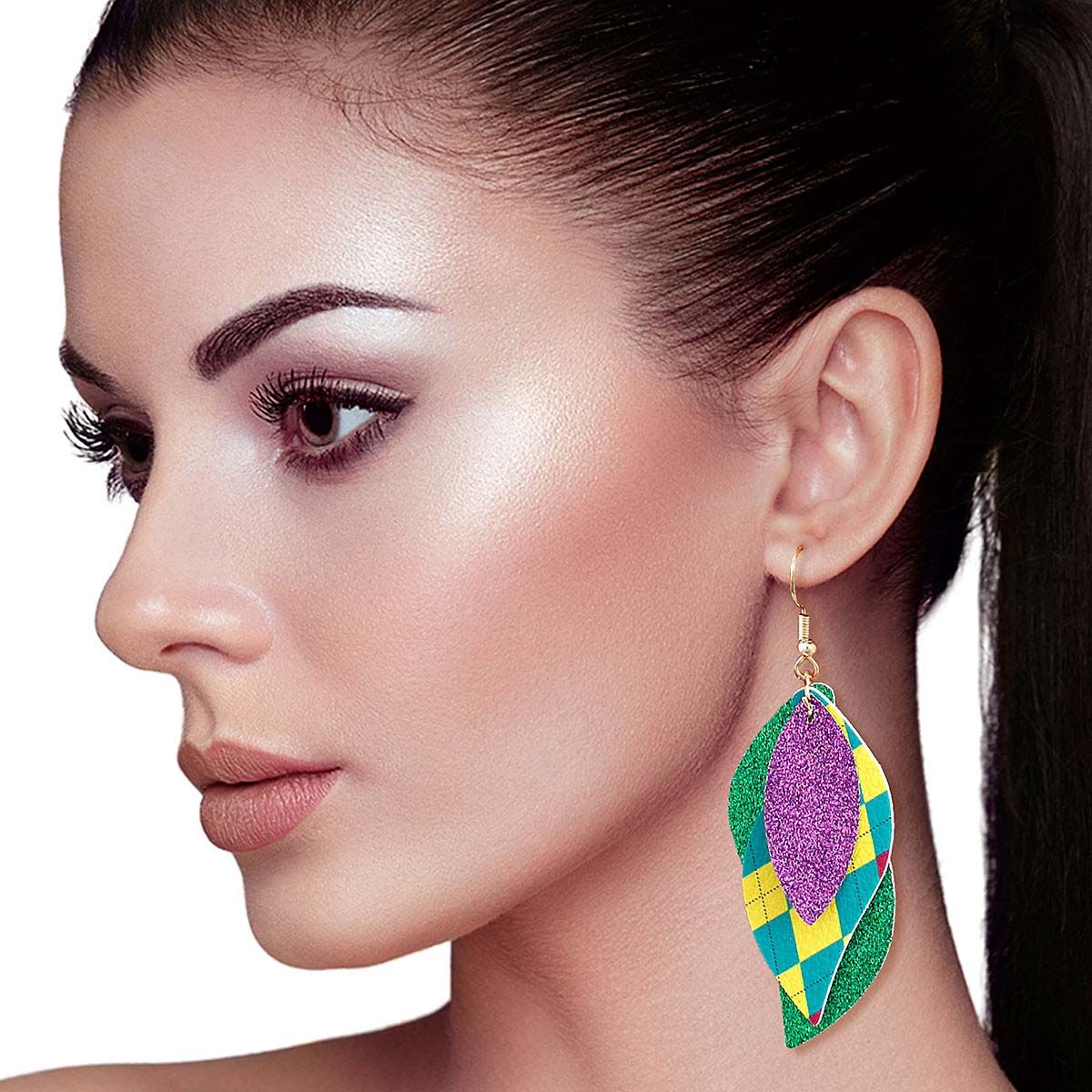 Mardi Gras Plaid Earrings|3.15 inches - Premium Wholesale Jewelry from Pinktown - Just $5! Shop now at chiquestyles