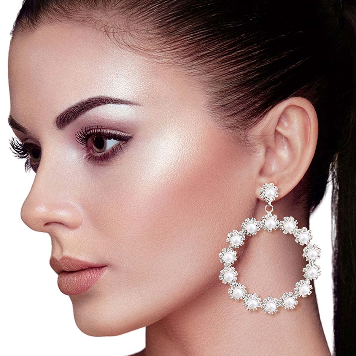 45mm Pearl Silver Round Earrings|2.25 inches - Premium Wholesale Jewelry from Pinktown - Just $12! Shop now at chiquestyles