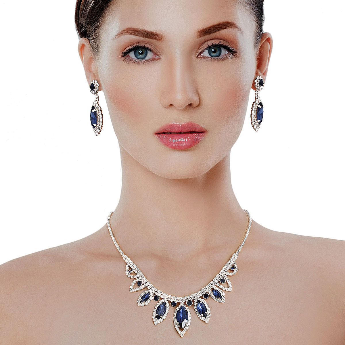 Navy Marquise Crystal Silver Set|16 + 3 inches - Premium Wholesale Jewelry from Pinktown - Just $12! Shop now at chiquestyles