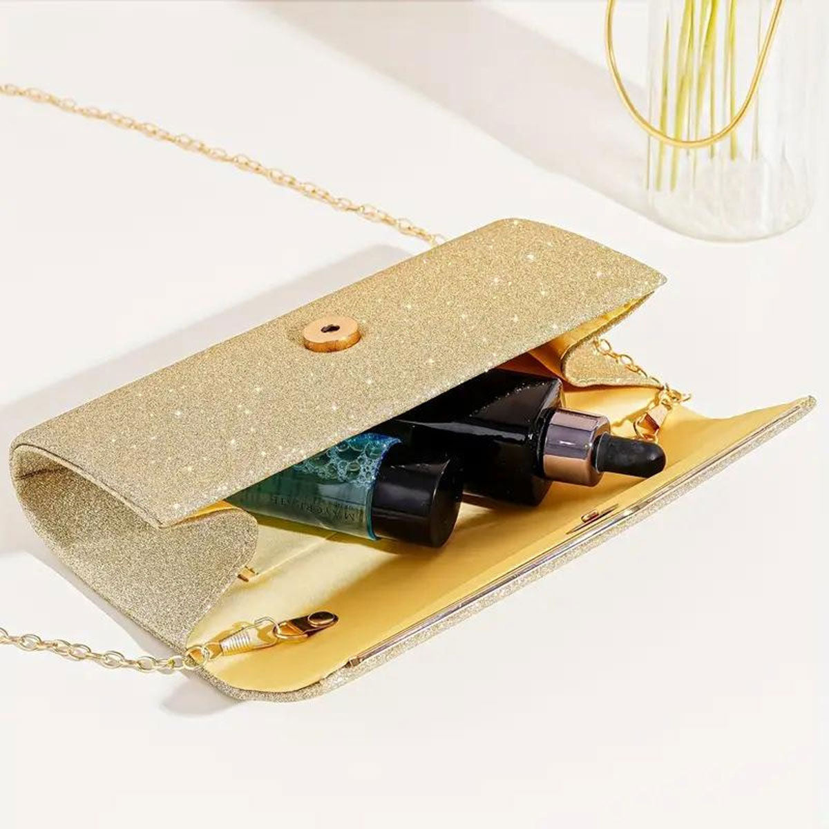 Clutch Gold Sparkle Flap Clutch for Women|4 x 8 x 2 inches - Premium Wholesale Fashion Accessories from Pinktown - Just $31! Shop now at chiquestyles