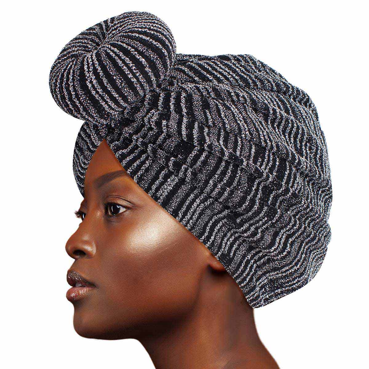 Silver Stripe Donut Knot Turban|Stretch to Fit - Premium Wholesale Fashion Accessories from Pinktown - Just $8! Shop now at chiquestyles