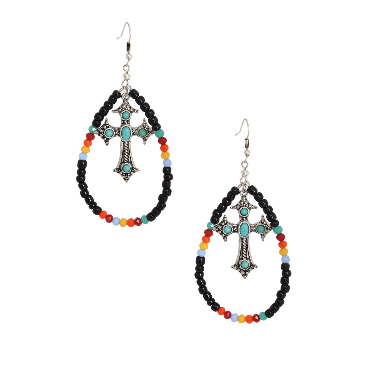 Black Bead Teardrop Cross Earrings|3 inches - Premium Wholesale Jewelry from Pinktown - Just $12! Shop now at chiquestyles