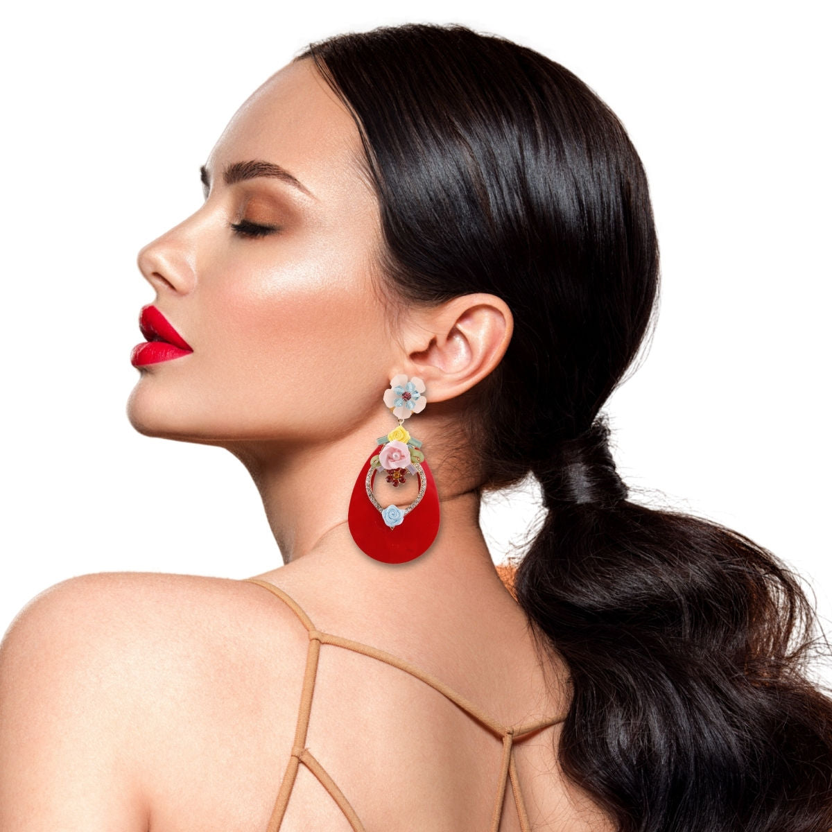 Red Teardrop Earrings with Rhinestone and Flower Detail|3.25 inches - Premium Wholesale Jewelry from Pinktown - Just $16! Shop now at chiquestyles