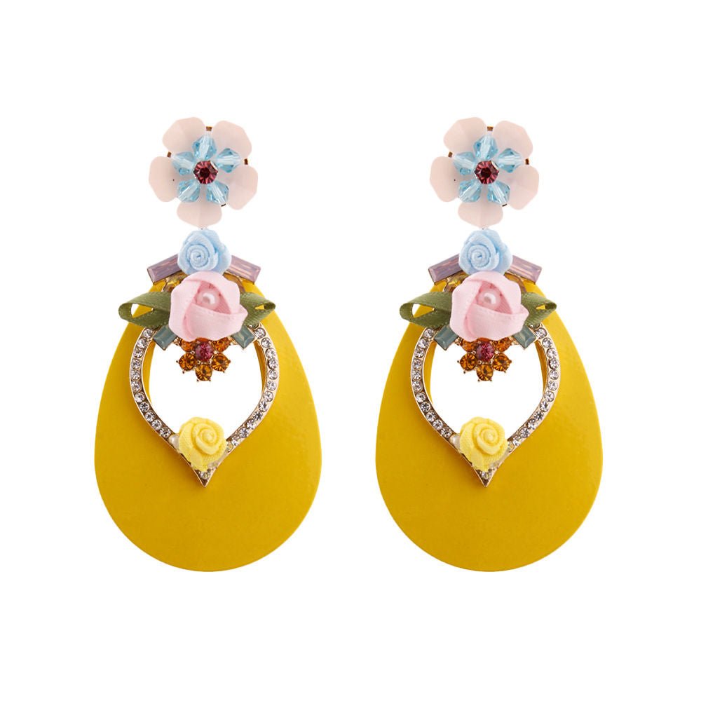 Yellow Teardrop Earrings with Rhinestone and Flower Detail|3.25 inches - Premium Wholesale Jewelry from Pinktown - Just $16! Shop now at chiquestyles