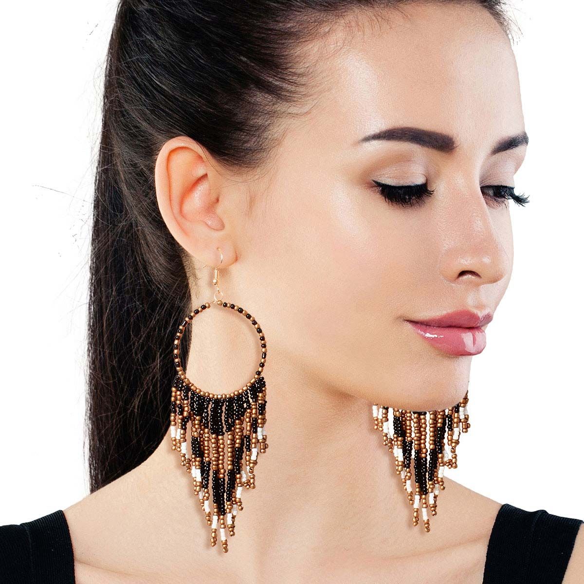 Black and Gold Bead Fringe Circle Earrings|4.5 inches - Premium Wholesale Jewelry from Pinktown - Just $15! Shop now at chiquestyles