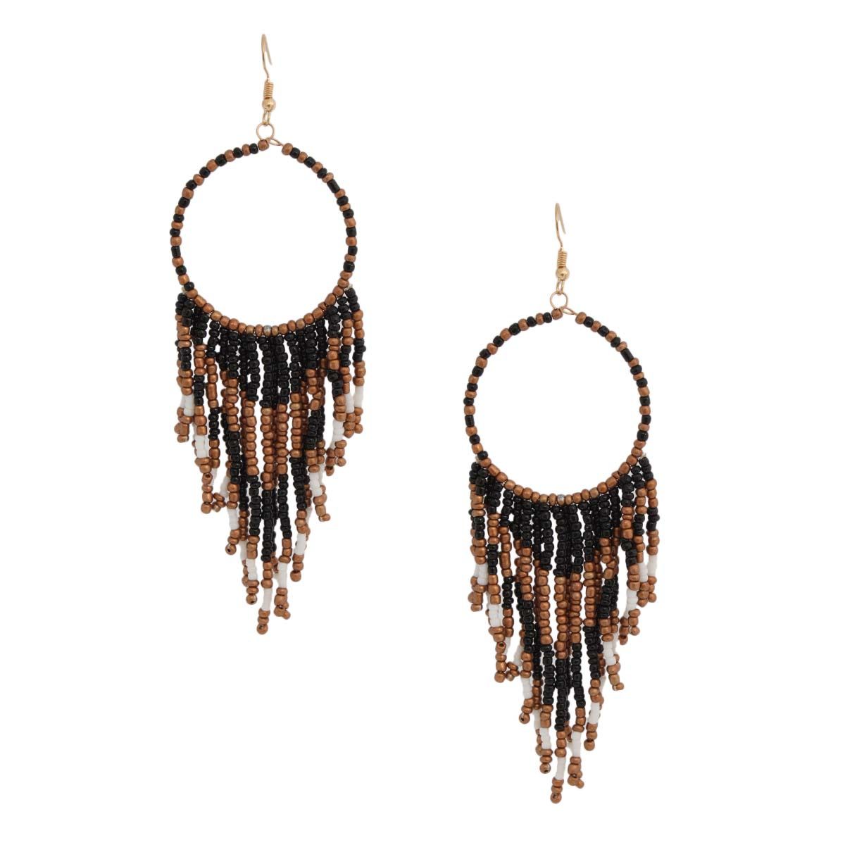 Black and Gold Bead Fringe Circle Earrings|4.5 inches - Premium Wholesale Jewelry from Pinktown - Just $15! Shop now at chiquestyles