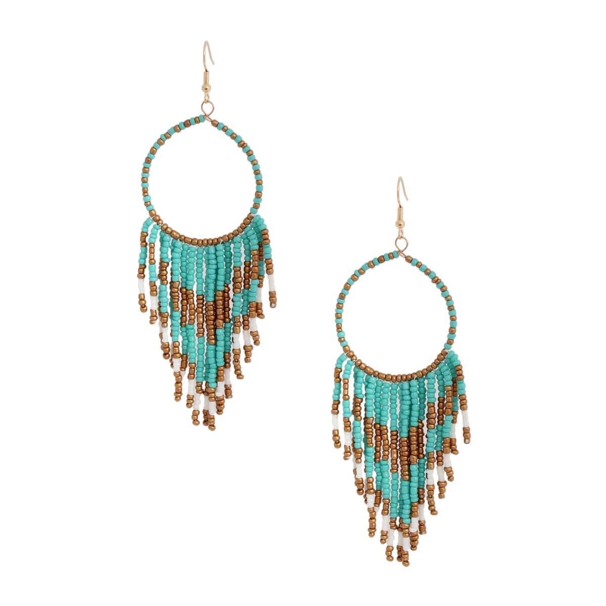 Turquoise and Gold Bead Fringe Circle Earrings|4.5 inches - Premium Wholesale Jewelry from Pinktown - Just $15! Shop now at chiquestyles