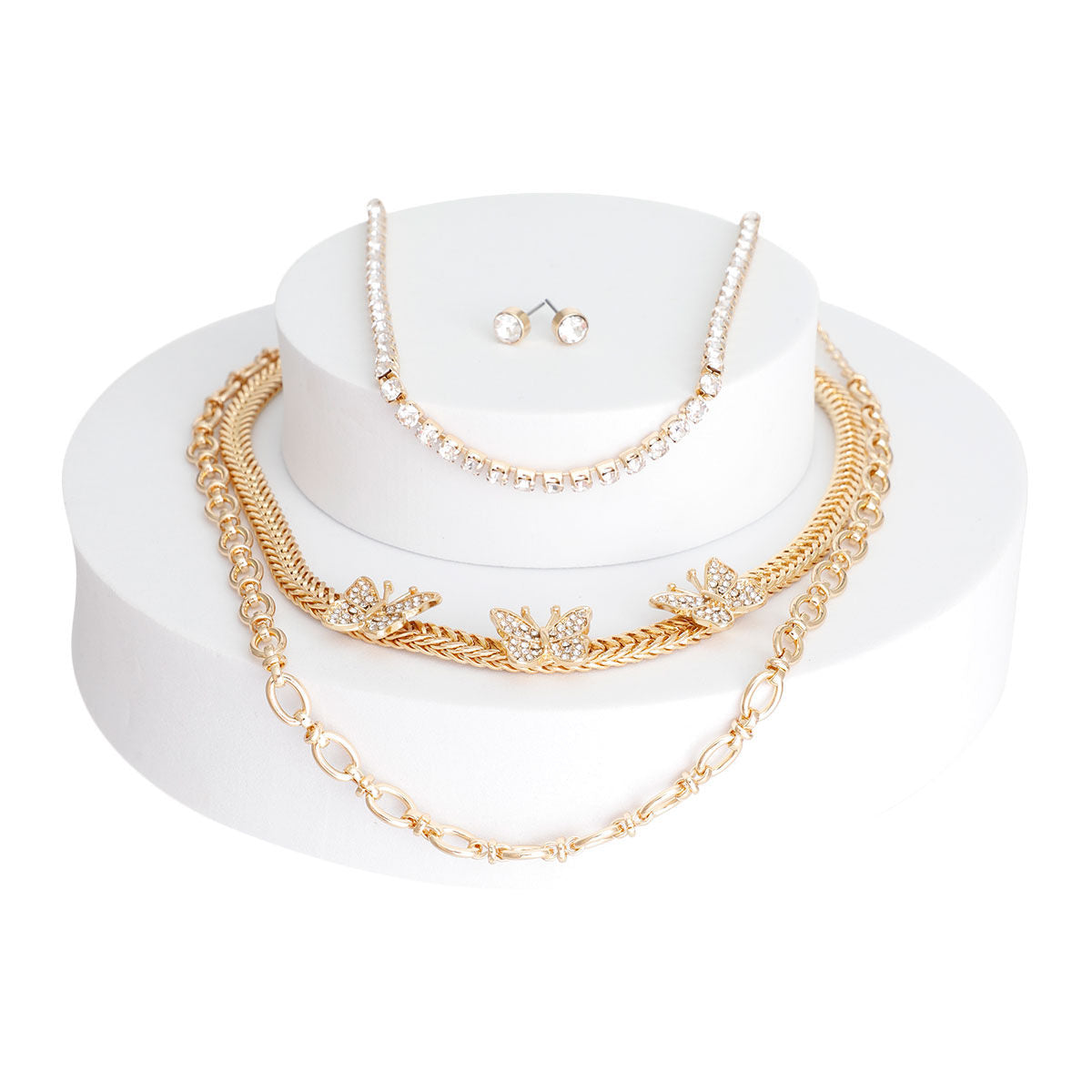 Gold Rhinestone Butterfly 3Pc Chain Set|16 inches - Premium Wholesale Jewelry from Pinktown - Just $21! Shop now at chiquestyles