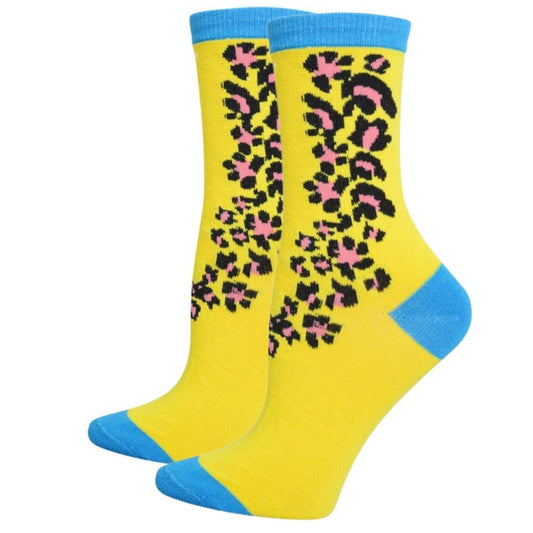 Yellow Blue Cheetah Crew Socks|One Size - Premium Wholesale Fashion Accessories from Pinktown - Just $4! Shop now at chiquestyles