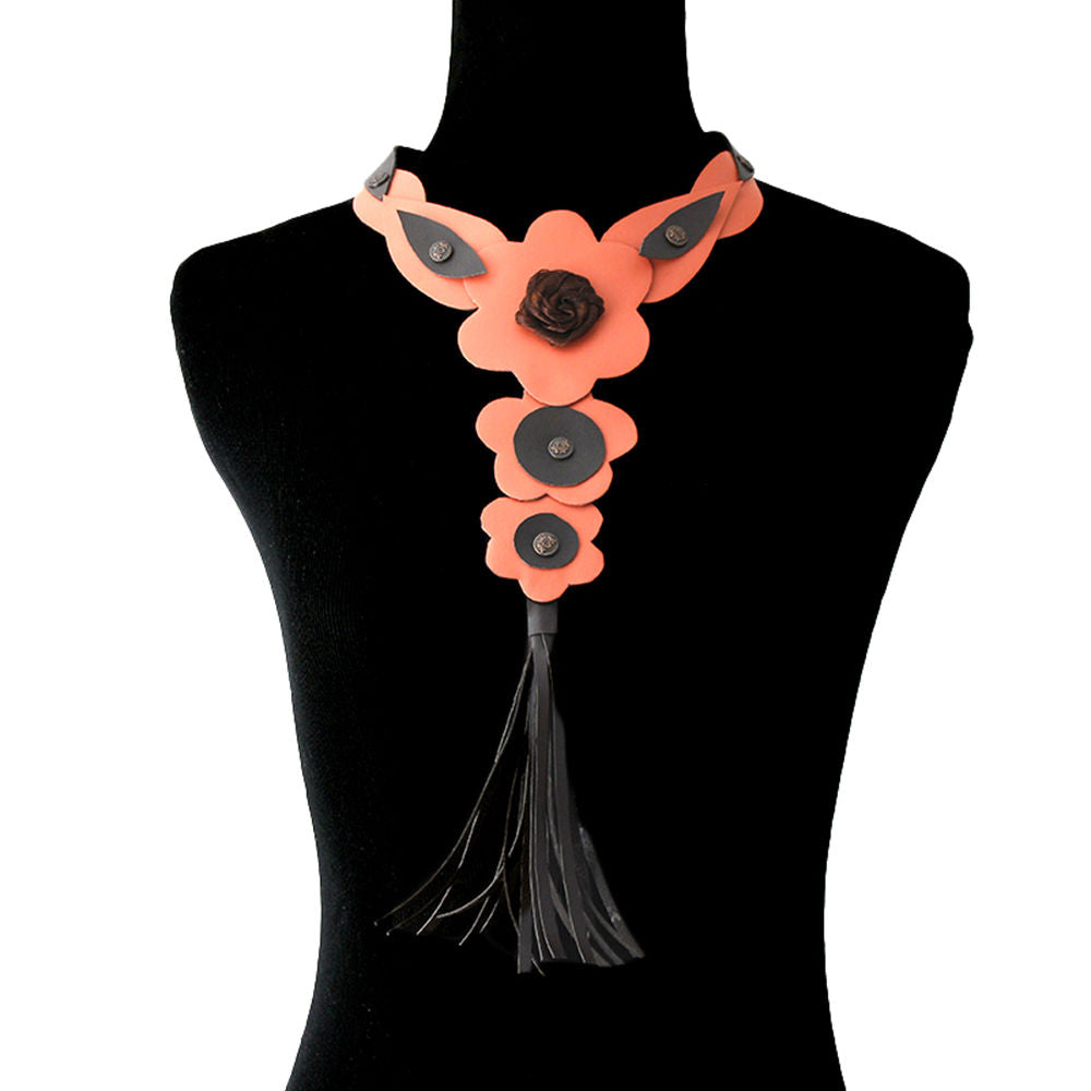 Coral Leather Rose and Tassel Choker Necklace|17 inches - Premium Wholesale Jewelry from Pinktown - Just $27! Shop now at chiquestyles