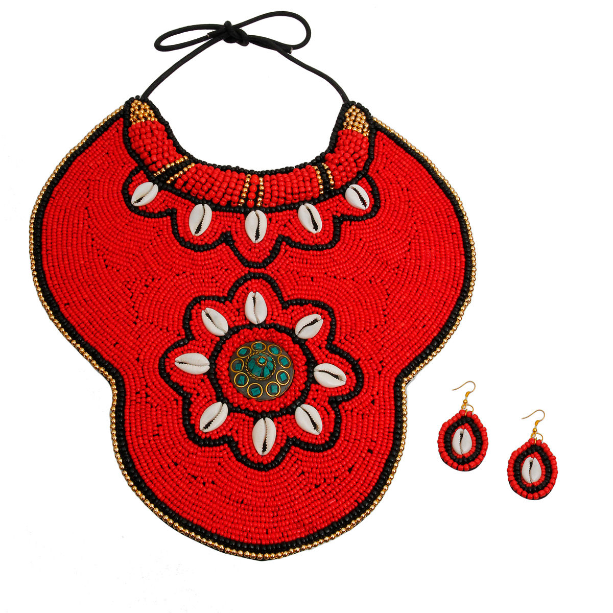 Red Beaded Collar Large Bib Necklace Set.Cowrie Shell and Turquoise Mosaic|18 inches - Premium Wholesale Jewelry from Pinktown - Just $52! Shop now at chiquestyles