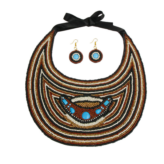 Brown, Black, and Cream Beaded Bib Necklace Set Featuring Light Blue Detail|18 inches - Premium Wholesale Jewelry from Pinktown - Just $52! Shop now at chiquestyles